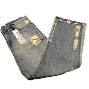 First Row Relaxed Flare Jeans 38x33 Distressed Raw Hem USA Flag Patch